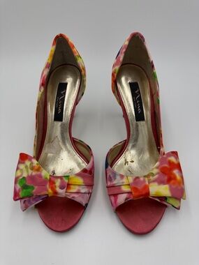 Nina Multicolor Floral Peep-Toe Heels with Bow